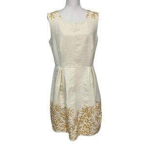 ANTHROPOLOGIE Luna Sleeveless Brocade Dress Cream Gold Accents Size Large